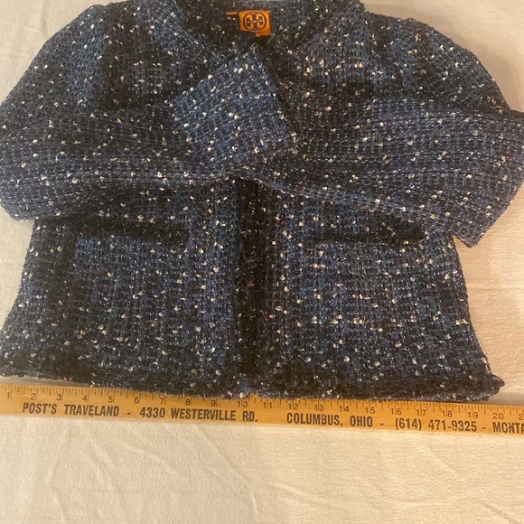 TORY BURCH Tweed Blue Teal w/white Ruffle Trim Jacket Size 10 Fully Lined +NICE! - Picture 7 of 14